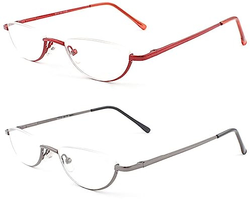 MMOWW 2 Pack Half Moon Reading Glasses for Men Women Slim Metal Half Frame | Semi Rimless Eyewear, Spring Hinge, Red+Gray
