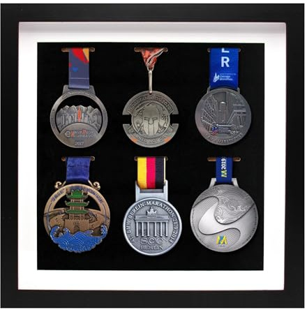 Medaillen-Schaukasten, Rahmen, 6 Medaillen, Vitrine, 3D-Medaillenbox, Fotorahmen, für Läufer, Marathon, Fußball, Gymnastik und alle Sportarten, Militär-Medaillen, Abzeichen, schwarz, 33x33 cm