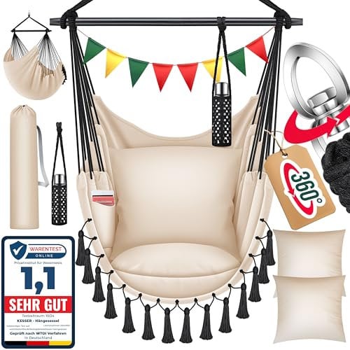KESSER® Silla Colgante con 2 Cojines, portabebidas y Compartimento para Libros, Silla Colgante Safari XXL para Adultos y niños, Hamaca de hasta 150 kg, para Interior y Exterior, jardín, Beige