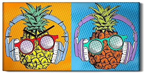 Coloray Uhr auf Leinwand - Schwarze Hände - Wohnzimmer Dekoration Segeltuch Ohne Tickendes Geräusc Kunst Wand Uhr - Helle Pop Art Comic Poster Ananas