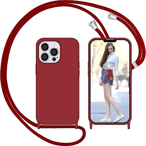 Nupcknn Liquid Silikon Handykette Hülle für iPhone 13 Pro Hülle Necklace(abnehmbar) Hülle mit Kordel zum Umhängen Handy Schutzhülle mit Band (Rot, 6.1)