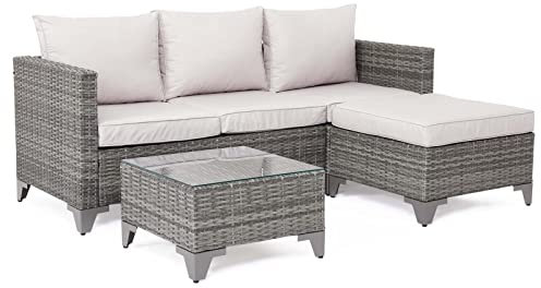 Mondeer Rattan Gartenmöbel Sets, Sitzgruppe Polyrattan Lounge Sets 4-teiliges Set, Modulare Kombination, Grau, Terrasse, Abnehmbares, Waschbares Kissen, Gehärtetes Glastisch, Garden Set Balcony Set