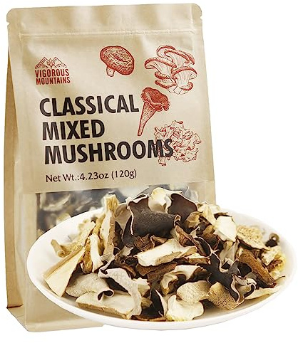 VIGOROUS MOUNTAINS Dried Mixed Mushrooms Blend Including Porcini Shiitake Oyster Woodear Mushrooms 4.23oz, Soft Texture Bold Flavor Vegan Food for Cooking 120g