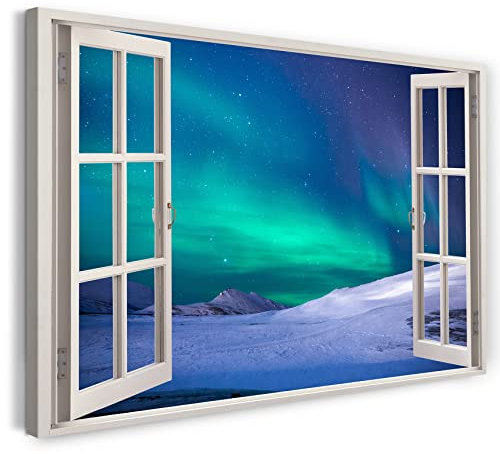 Printistico Leinwandbild (80x60cm) Fensterblick - Nordlichter Berg Nacht Schnee Winter - Natur-Fotografie, echter Holz-Keilrahmen inkl. Aufhänger, handgefertigt in Deutschland