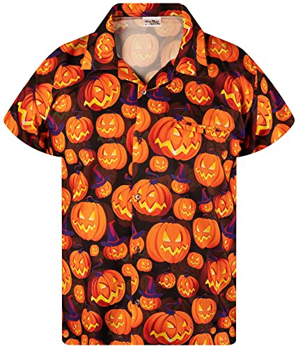 King Kameha Funky Hawaiihemd Herren Kurzarm Fronttasche Hawaii-Print Halloween Kürbis Grusel Funky Pumpkin Prints