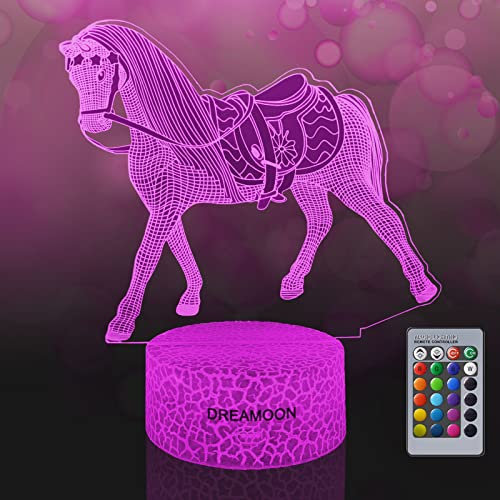 DREAMOON Pferde Mädchen Geschenk, 3D Nachtlicht für Kinder,Illusions lampe 16 Farben mit Fernbedienung, Spielzeug für Mädchen 10, 9, 8, 7, 6 Jahre(02)