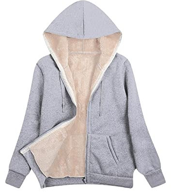 AMhomely Einfarbiger Damen-Kapuzenpullover für den Winter, warm, mit Fleece gefüttert, mit Reißverschluss, Übergröße, UK-Größe, X-Grau (leicht), 48