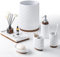 RQYIXI Badezimmer-Zubehör-Set, 6-teilig, Zahnbürstenhalter, Seifenspender, Keramik und Holz, Badezimmer-Set mit Mülleimer, Seifenspender, Zahnbürstenhalter, Tablett, Becher, Seifenschale, Weiß