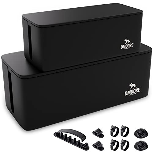 DMoose Kabelbox - 2er Pack kabelbox schwarz aus ABS-Kunststoff - kabelbox mit steckdosenleiste Inhaber und kabelsammler - Kabelmanagement Box Groß & Klein, kabelsalat verstecken mit steckdosenbo