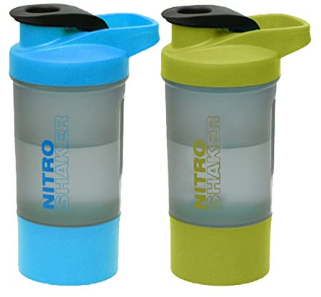 Set of 2 - 600 ML Plastic BPA Free Protien Shaker Bottle with Storage Compartment for Protein Powder Supplements Measurement Scale Steel Mixing Ball Leak Proof Flip Cap Screw Lid (Blue & Green)