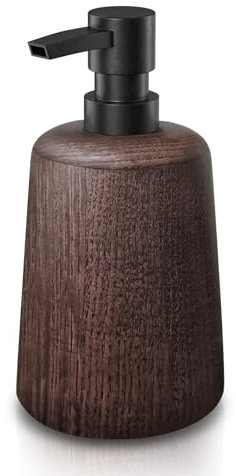 Asashizen Handmade Dark Brown Wood Soap Dispenser, Plastic Pump, Elegant Bathroom Decoration, Refillable Lotion Pump, Shower Bottle, Non-Slip Base, Durable and Stylish