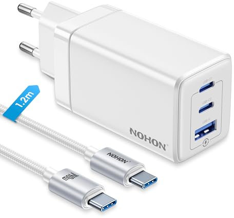 NOHON Chargeur USB-C Rapide Prise: 65W GaN 3 Ports PD3.0 avec 140W USB C Rapide Cable 1.2M | PPS Compatible avec MacBook Pro Air Airpods iPad iPhone 15 14 13 12 Pro Max Galaxy S23(Blanc)