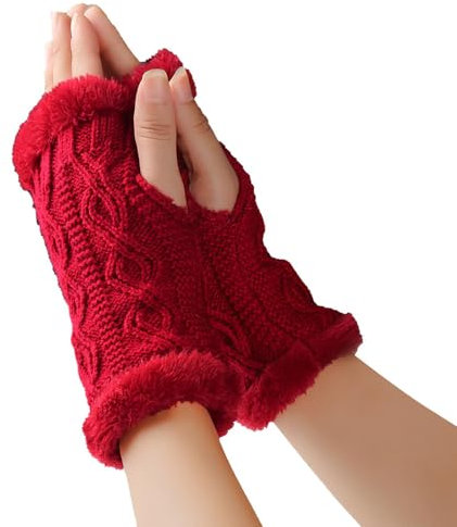 KBRPEY Damen Fingerlose Handschuhe Winter Warme Armstulpen Kurzer Gestrickte Halb Fingerlose Fäustlinge Warm Weiche Strickhandschuhe (Rot)