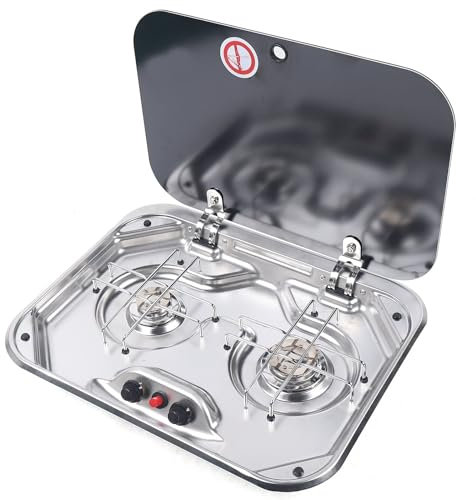 WBRSybUK Cuisinière À Gaz en Acier Inoxydable À 2 Brûleurs avec Couvercle en Verre, Plaques De Cuisson À Combustible, Cuisinière À Gaz pour Camping-Car, Bateau, Caravane, Camping-Car en Plein Air