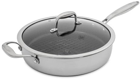 Hell's Kitchen Hybrid 4 Qt Sauté Pan and lid, Tri-Clad Stainless Steel and Nonstick Ceramic, PFAS Free, no PFOA, no PTFE, no Teflon, Non Toxic Cookware, Metal Utensil Safe, All Cooktops and Oven Safe