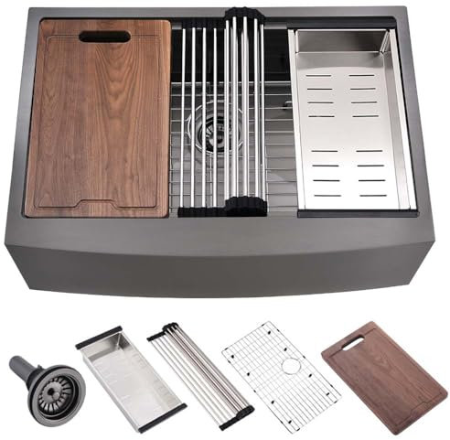 84 cm schwarze Bauernhausspüle Workstation-Hovheir 33 x 21 Farmhouse Küchenspüle schwarz Edelstahl Schürze Front 16 Gauge Einzelbecken tiefe Küche Bauernhof Spüle mit Schneidebrett