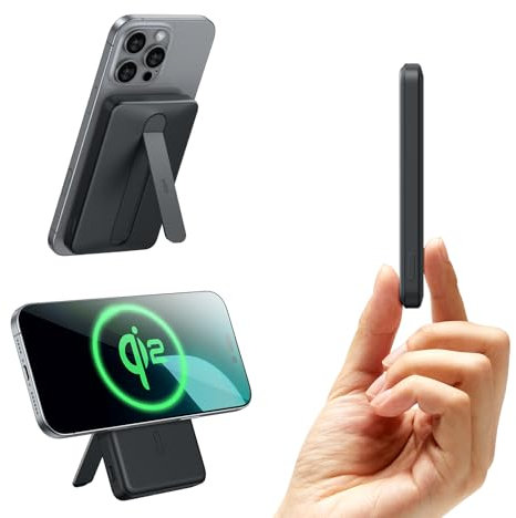 ESR Batería externa MagSafe Certificada Qi2,Cargador Portátil Carga Rápida de 5000 mAh y 15 W con Soporte,Batería Ultracompacta 1,5 cm,Cargador MagSafe con Cable USB-C para iPhone 16/15/14/13/12,Negro