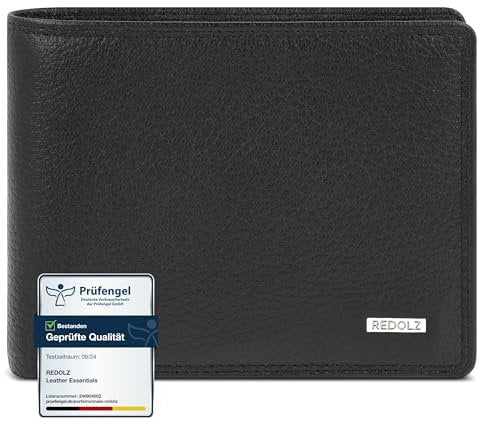REDOLZ Herren Leder-Geldbörse Querformat mit Klappe | Geldbeutel Brieftasche Portmonee Portemonnaie mit Klappe | RFID-Schutz & 8 Kartenfächer Querformat | Maße 12 x 2 x 9 cm (schwarz)