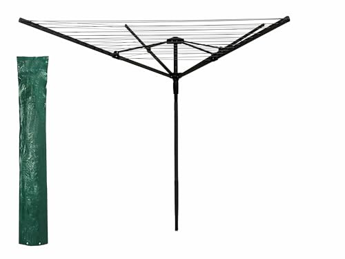 Byinone Rotary Washing Line | 50m Rotating Heavy Duty Clothes Airer Outdoor | Garden 4 Arm Rotary Washing Line | with Ground Spike 3 colour options + Cover (Dark Grey)