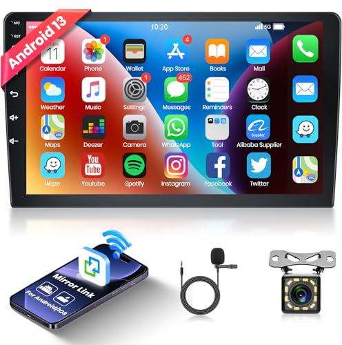 Hodozzy Android Radio 2 DIN 1080P Pantalla Táctil de 10 Pulgadas con Mirror Link para Android/iOS,Reproductor Multimedia Coche 2 DIN con Bluetooth GPS WiFi FM/RDS Control del Volante + Cámara