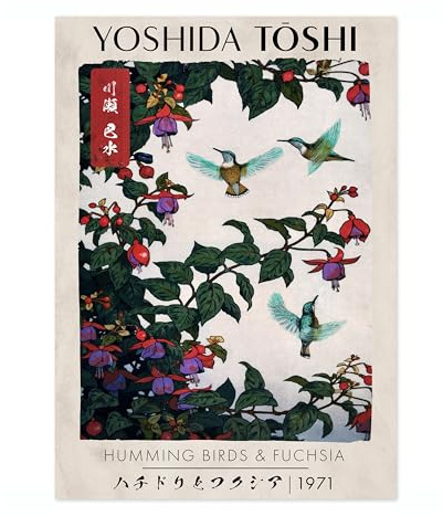 Animato Hummingbirds & Fuchsia Japanese Woodblock Print, Modern Poster Japan Wall Art Exhibition Ukiyo-E Home Decor, Archival Matte, A3 (Print Only) - 42x29.7cm