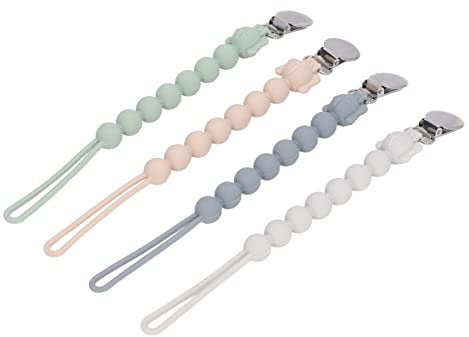 Schnullerkette Baby, 4 Stück, Baby-Schnullerkette, Verhindert EIN Abrutschen, Festklemmen, Weicher Silikon-Schnullerclip, weiß, Grau, Grün, Rosa