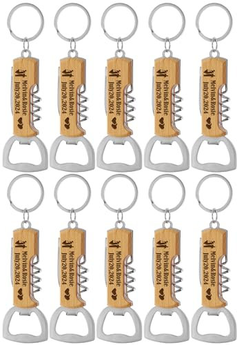 10pièces Décapsuleur en bois multifonctionnel personnalisé pour les fêtes de mariage, cadeaux de mariage pour les invités, porte-clés décapsuleur gravé.