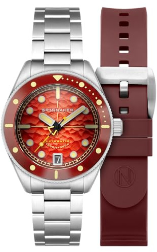 Spinnaker Herren Automatikuhr Junior Piccard 42 mm mit massivem Edelstahlarmband SP-5159, Feuerrot
