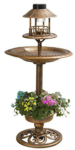 Taylor & Brown 3 In 1 Copper Effect Bird Bath & Table Bird Hotel Feeder with Solar Light and Planter Lightweight Fountain Decoration Garden Outdoor Birds Water, Bronze