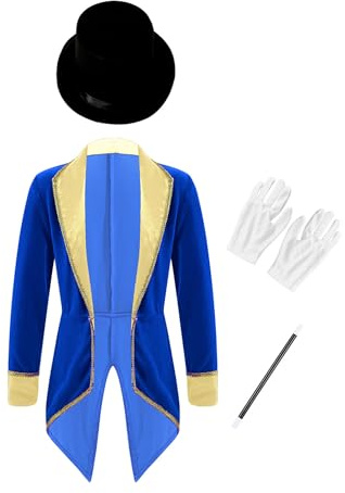 Kvysinly Boys Girls Halloween Circus Ringmaster Outfit Long Sleeve Lapel Tailcoat with Hat Magic Wand Gloves