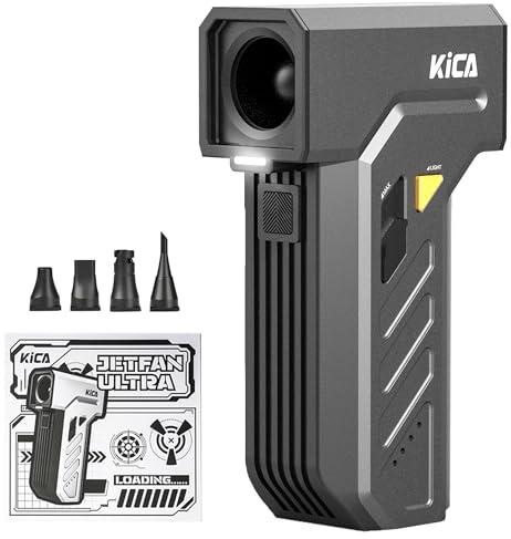 Kica JetFan Ultra Elektrisches Staubgebläse & Mini Ventilator - Schwarz | 130000 U/min Und 48 m/s, Stufenlos Regelbar, 171W Turbo, 4000 mAh Akku, Aluminiumgehäuse, Für PC, Tastatur Und Elektronik