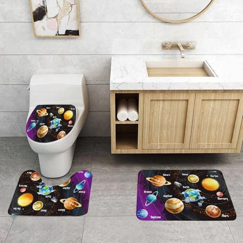 EMCLKS Badezimmermatten 3 Stück rutschfeste Badematte Teppiche, Badezimmer-Garnitur,U-förmiger Teppich,Planet Universum Weltraum, Lehrreiches Sonnensystem Planeten Neptun Venus Merkur,Waschbar Matte