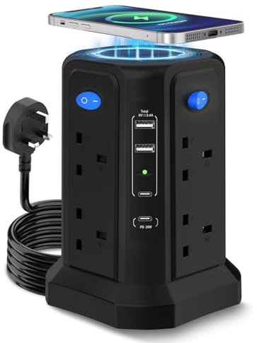 Tower Extension Lead with Wireless Charger, [13A 3250W] 8 AC Outlets and 4 USB(2A & 1C & 1C PD20W), Surge Protection, Independent Control Switch, 3M Extension Lead with USB Slots for Office, Home