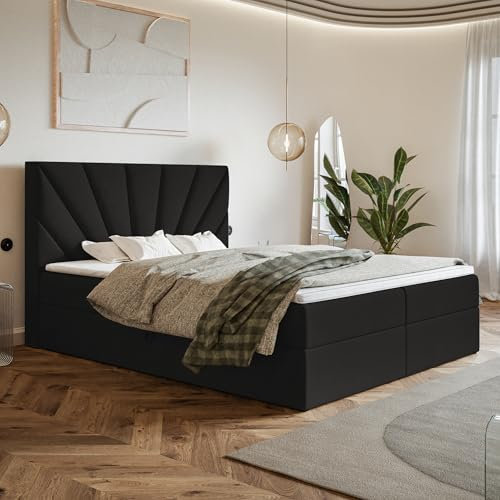 MOTIVENA Aspen Boxspringbett 180x200 mit Bettkasten und Topper, Polsterbett 180x200 mit Bettkasten, Bonellfederkern-Matratze (H4), T28 Komfortschaumstoff Topper (H3), Samt, Schwarz