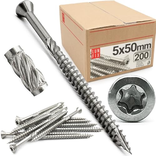 LUN FIX Terrassenschrauben 5,0x50 mm 200 Stk TX Antrieb Senkkopf Cut-Spitze | Edelstahl C1 gehärtet rostfrei Teilgewinde selbstschneidende Holzschrauben Terrassenbau Unterkonstruktion