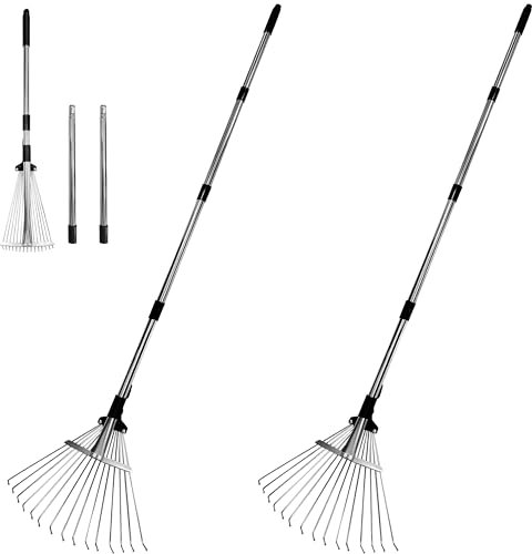 2 Packs Garden Rake for Leaves,Heavy Duty Metal Adjustable Leaf Rake for Lawns,Long Handle 85-175cm with Expandable Head 20-40cm,Garden Tools for Yard Lawn Shrub Garden Beds