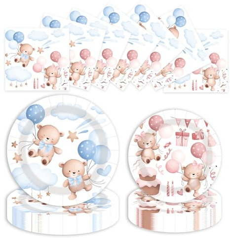 LDFDRT Lot de 60 assiettes en carton et serviettes de fête d'anniversaire - Assiettes de fête de 18 cm, 20 et 23 cm, 20 serviettes et 20 serviettes en papier (petit ours)