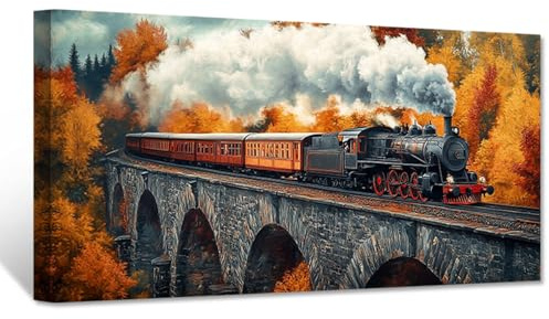 CXHOSTENT Zug-Leinwandbild Dampfzug-Bilder Vintage-Eisenbahn-Poster Herbstwald-Gemälde Druck rustikale Landschaft Wohnzimmer Büro-Dekor Rahmen (30.00 x 60.00 cms)