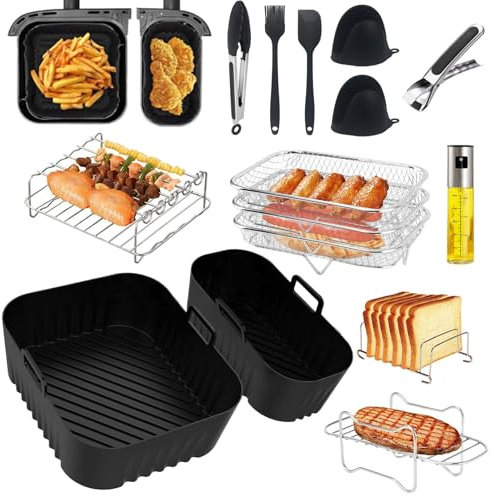 Airfryer Accessories for Philips Airfryer Dual Basket 3000 Series NA350 Silicone Mould Hot Air Fryer Accessories, Silicone Baking Accessories, Grill, Three-Layer Holder, Bread Holder, Oil Spray