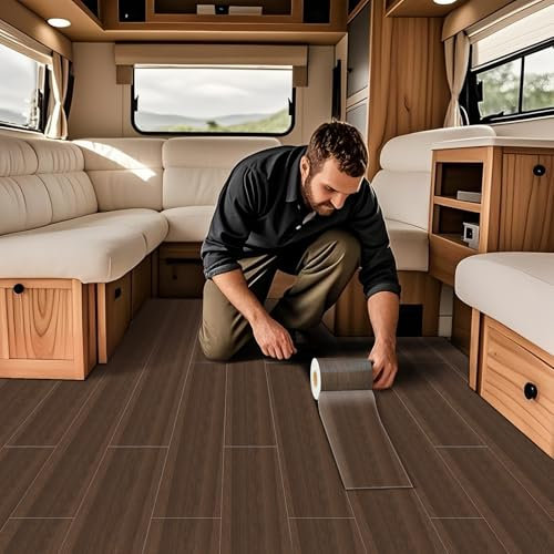 VFGFDJNDFX Waterproof Caravan Vinyl Flooring Roll Wood Effect Non-Slip Anti-Scratch Self Adhesive Floor Planks for Motorhome Campervan (10 * 500cm/0.5㎡,Brown)