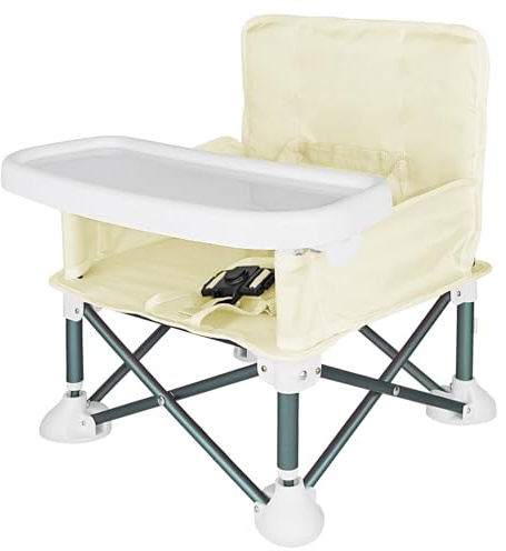 Travel High Chair,Portable Foldable High Chair，Bumbo Seat for Babies,Portable Baby Camping Chair with Detachable Sunshade,Booster Highchair Seat with Tray for Indoor Outdoor Beach Travel (Beige)