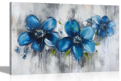 Artley Prints - Abstract Rustic Blue FlowersCanvas Wall Art Prints Modern Framed Floral Pictures For Office Home Hallway Conservatory Large 86 x 61cm (34 x 24 inches) A1