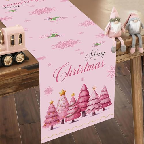 Weihnachten Tischläufer 35x180cm, Rosa Weihnachtsbaum & Schneeflocken Weihnachtliche Tischdecke, Winter Tisch Weihnachts Party Dekoration Waschbar Polyester Küche Tisch Dekoration Drinnen Draußen
