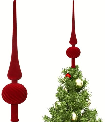 Puntale per albero di Natale con finitura in velluto da 27,9 cm, ornamento sferico vintage per la casa di metà secolo, decorazioni natalizie per feste (rosso) (rosso)