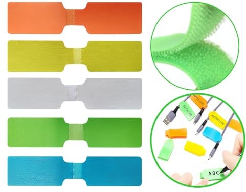 Ziyuhao 50 Pcs Cable Cord Labels,Write On Wire Management Markers Tags | Multi-Color Water-Resistant,20 Reusable Hook&Loop Fastener Medium Label,30 Tear-Resistant Identification White Tags for Cords