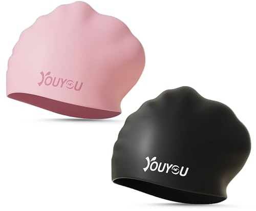 2 Pack Silikon Badekappen für langes Haar, große wasserdichte Bademützen für Frauen, Männer und Erwachsene mit dickem oder lockigem Haar, Bequeme 3D Bademützen