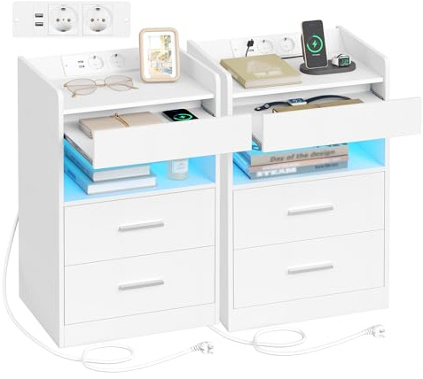Hzuaneri Nachttisch 2er Set, Beistelltisch mit Tablett, Nachtschrank | mit Ladefunktion & LED-Beleuchtung, 2 Schubladen, Modern, für Schlafzimmer, Wohnzimmer 35 x 40 x 64 cm, Weiß NS33603XEU