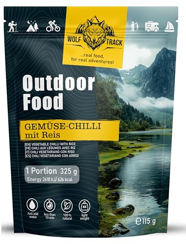 Wolftrack Gemüse Chilli mit Reis – Gefriergetrocknete Vegane Outdoor‑Mahlzeit | Würziges Chili mit Gemüse & Reis, Camping & Trekking Essen, Leicht & Sättigend, Fertig mit heißem Wasser