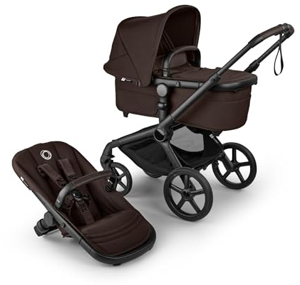 Bugaboo Fox 5 Renew, 2-in-1 Kinderwagen für jedes Gelände, mit Liegewanne | ausziehbarer Kleinkindsitz, praktische Ein-Hand Faltung, Fahrgestell in Schwarz und Sonnendach in Cocoa Brown