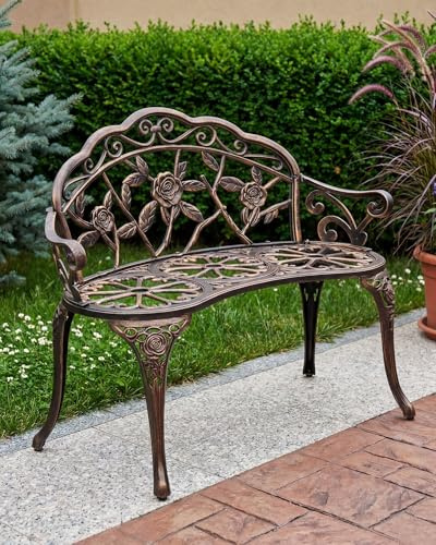 Roomark Gartenbank Metall wetterfest, 2-Sitzer Sitzbank aus Aluguss bis 240kg belastbar, Vintage Parkbank Antik mit Blumenmuster für Garten, Balkon & Terrasse, 91cm Breit, Bronze